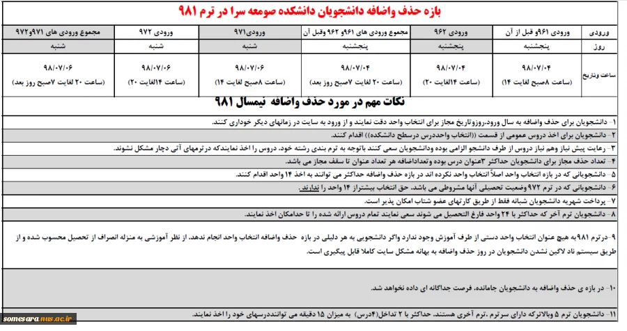 بازه حذف واضافه دانشجویان دانشکده صومعه سرا در ترم 981 4