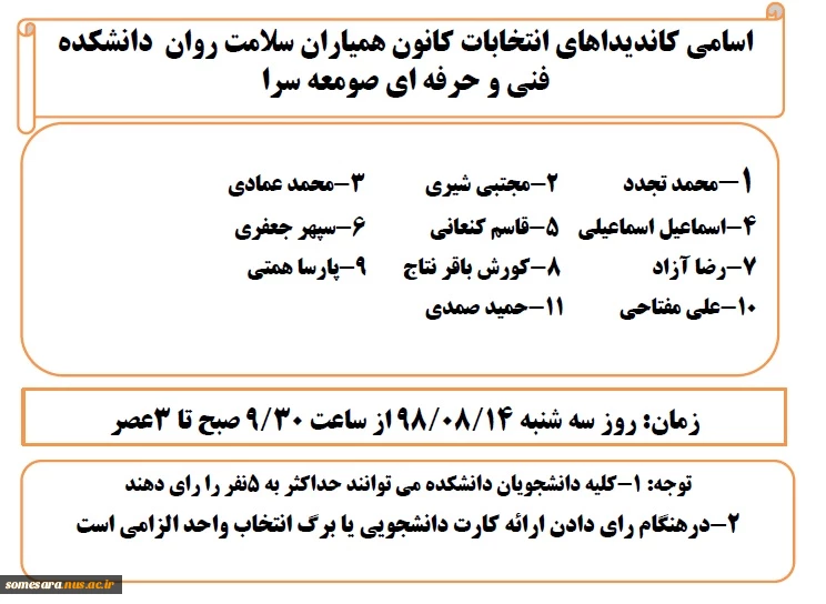 اسامی کاندیداهای انتخابات کانون همیاران سلامت روان  دانشکده فنی و حرفه ای صومعه سرا 2