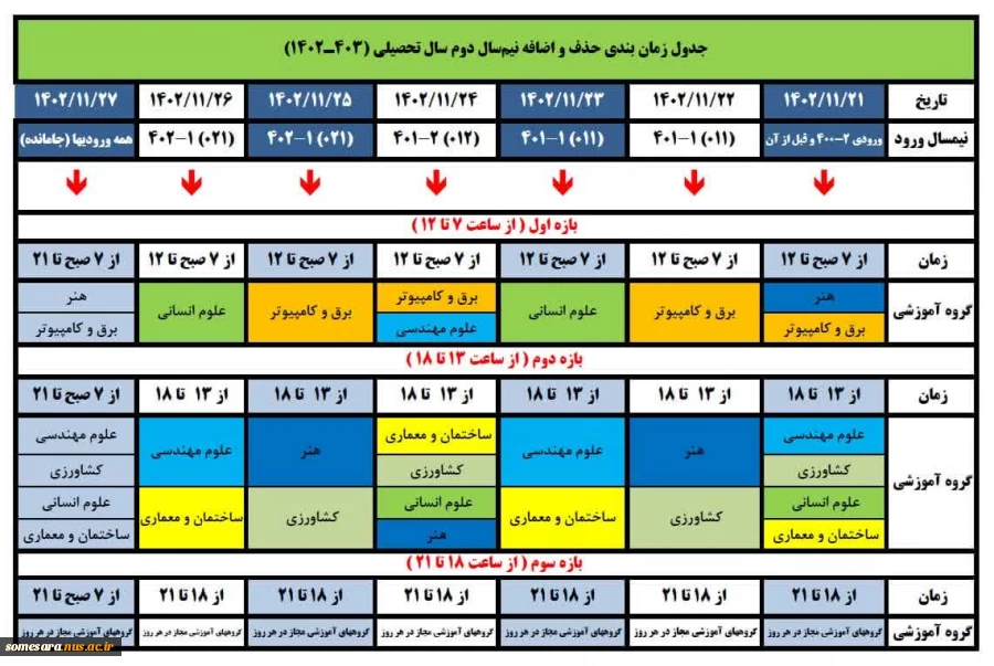 زمان بندی حذف و اضافه نیمسال دوم 1403-1402 2
